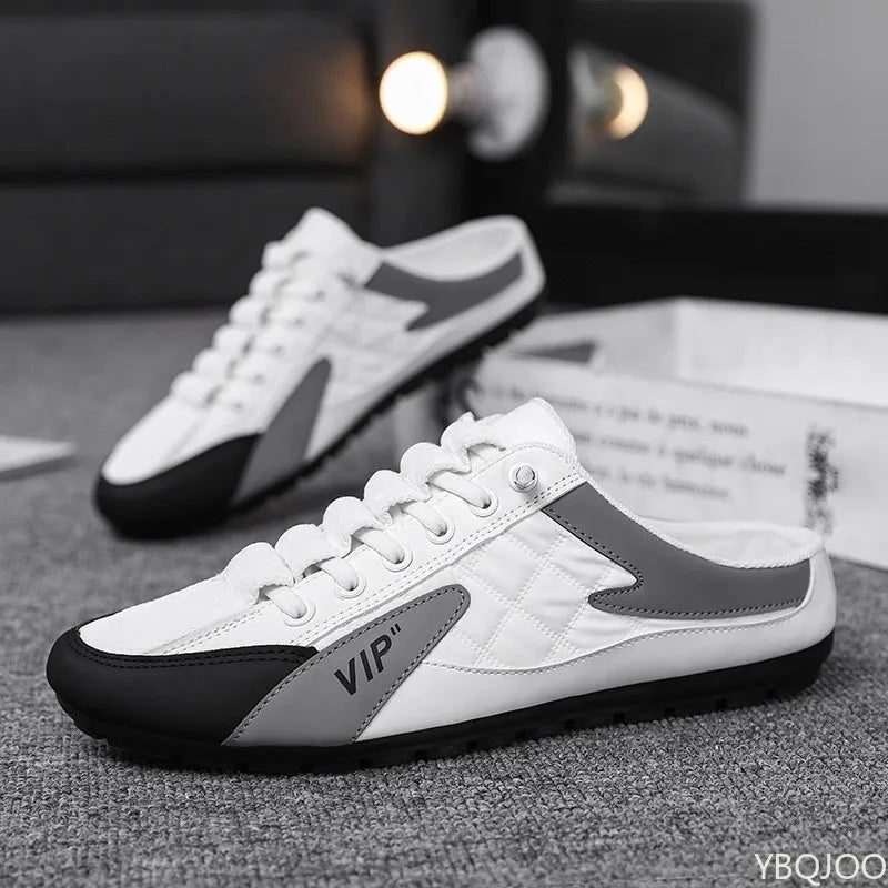 Men's Lace-Up Half-Shoe Backless Slip-On Sneaker Mules - White