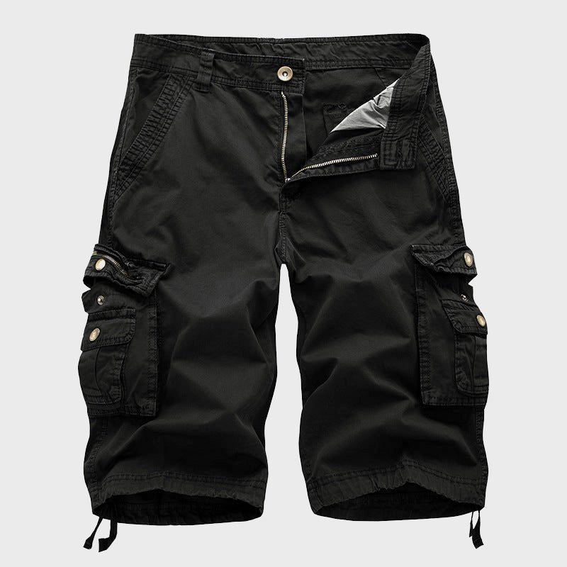 Men's Multi-Pocket Drawstring Knee-Length Cargo Shorts - Black