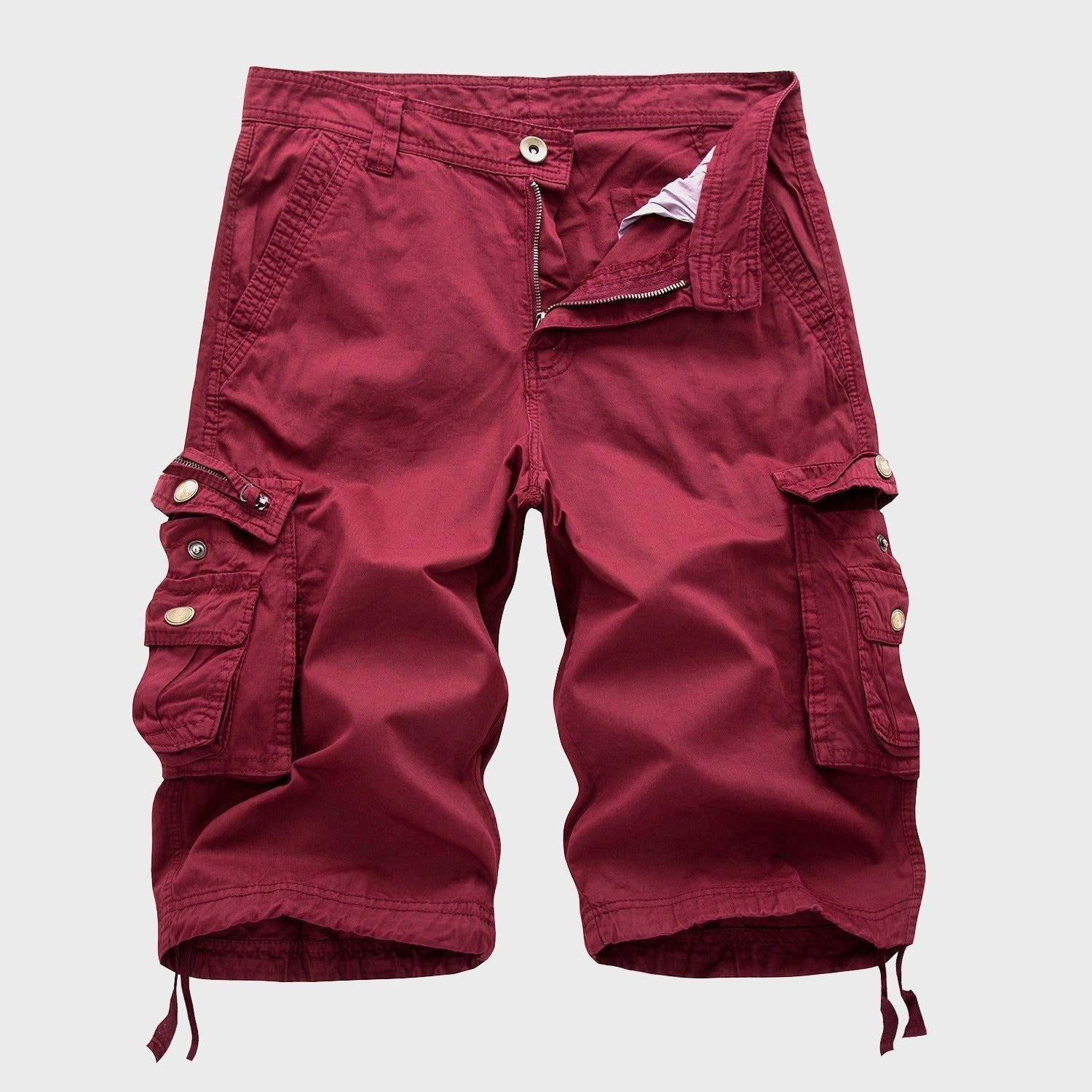 Men's Multi-Pocket Drawstring Knee-Length Cargo Shorts - Red