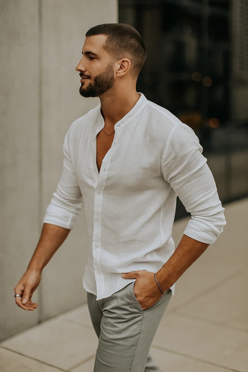Men's Regular-Fit Band-Collar Linen Long-Sleeve Shirt