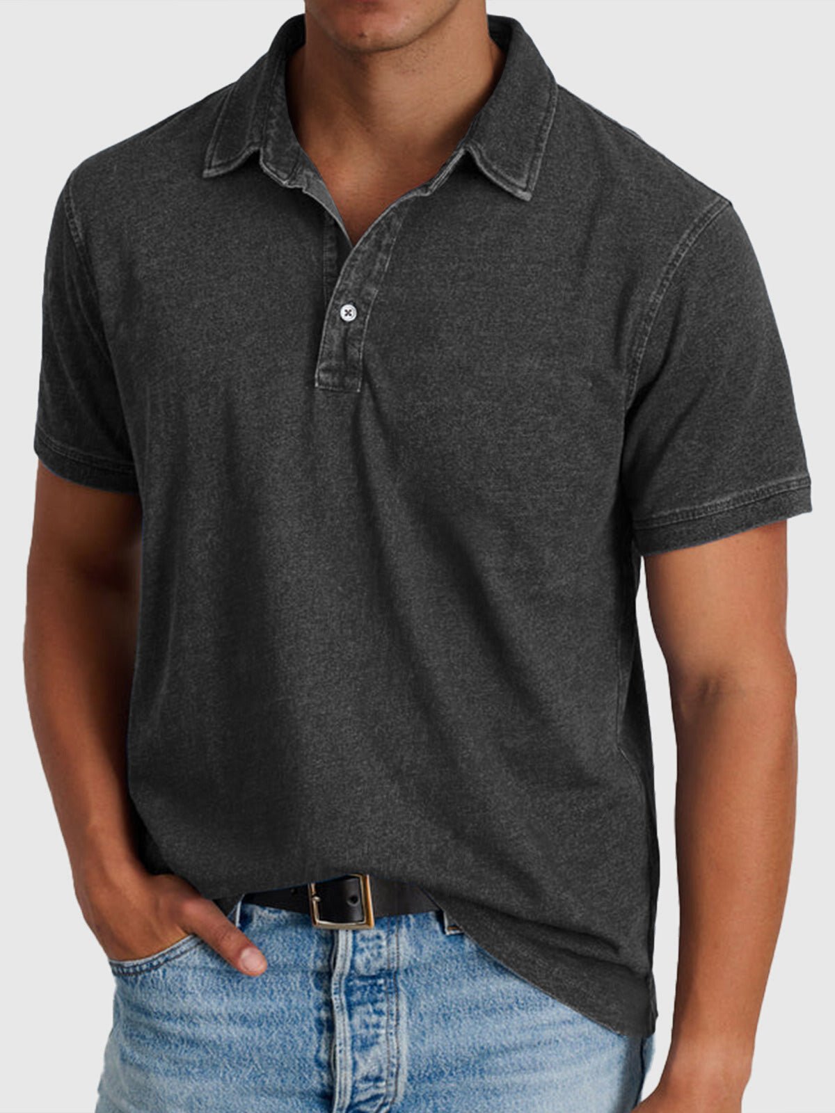 Men's Regular-Fit Short-Sleeve Cotton-Denim Polo Shirt - Black
