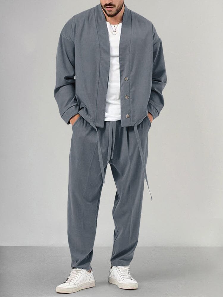 Men's Relaxed-Fit Button-Front Two-Piece Lounge Set - Gray