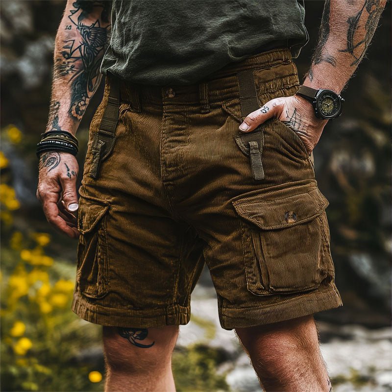 Men's Relaxed-Fit Corduroy Multi-Pocket Cargo Shorts - Brown