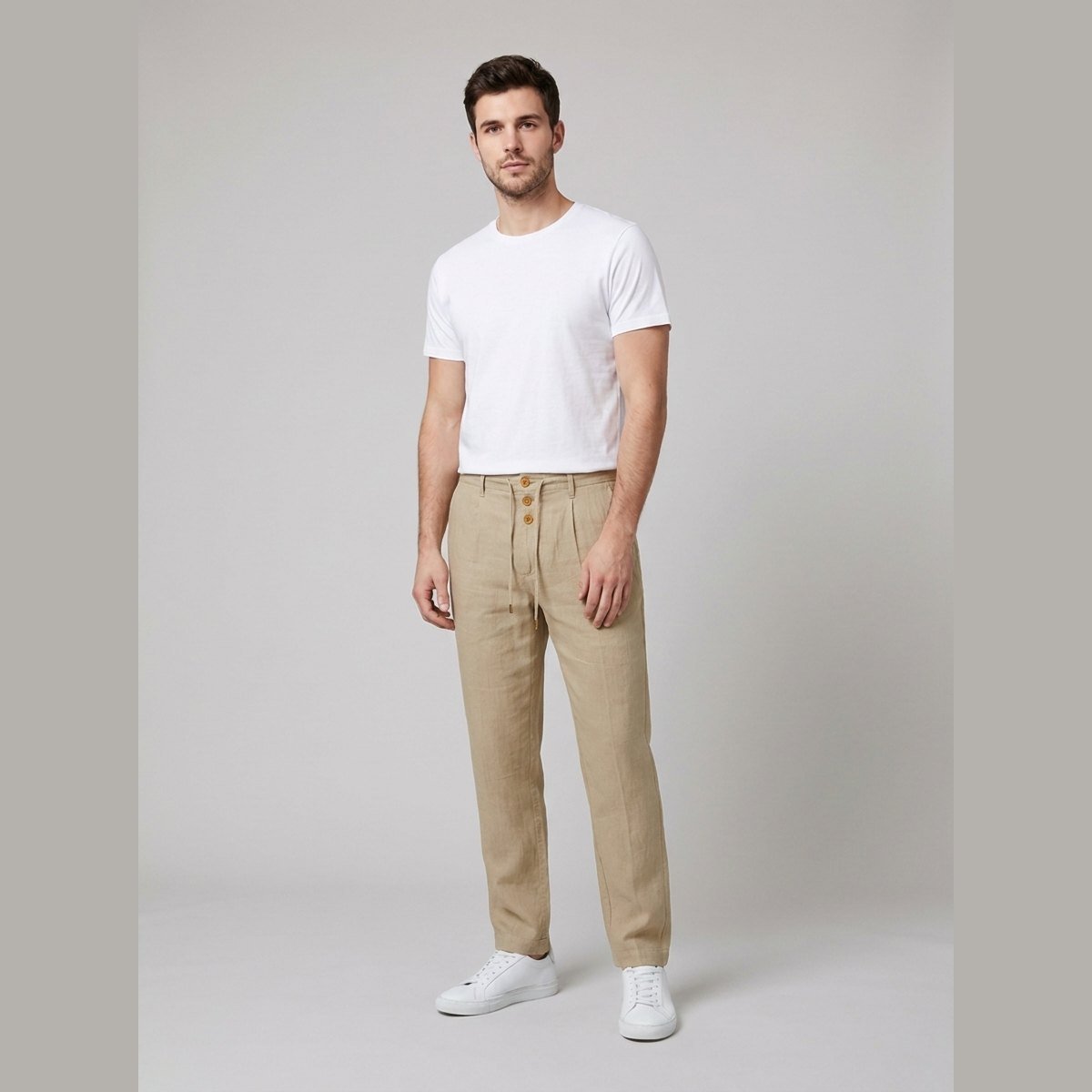 Men's Relaxed-Fit Drawstring Linen Pleated Pants - Khaki