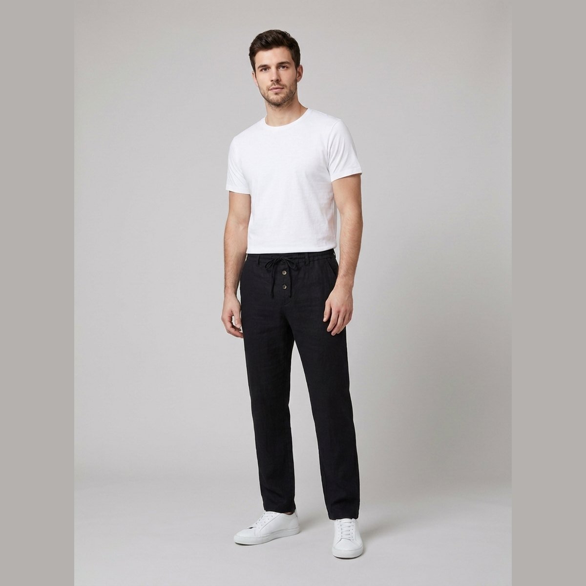 Men's Relaxed-Fit Drawstring Linen Pleated Pants - Black