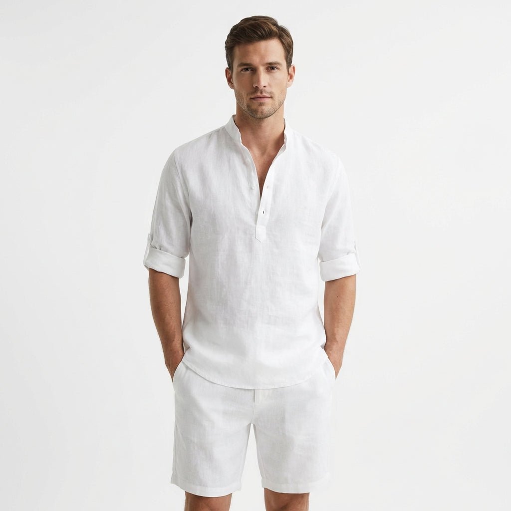 Men's Relaxed-Fit Linen Henley Band-Collar Shirt - Blanco