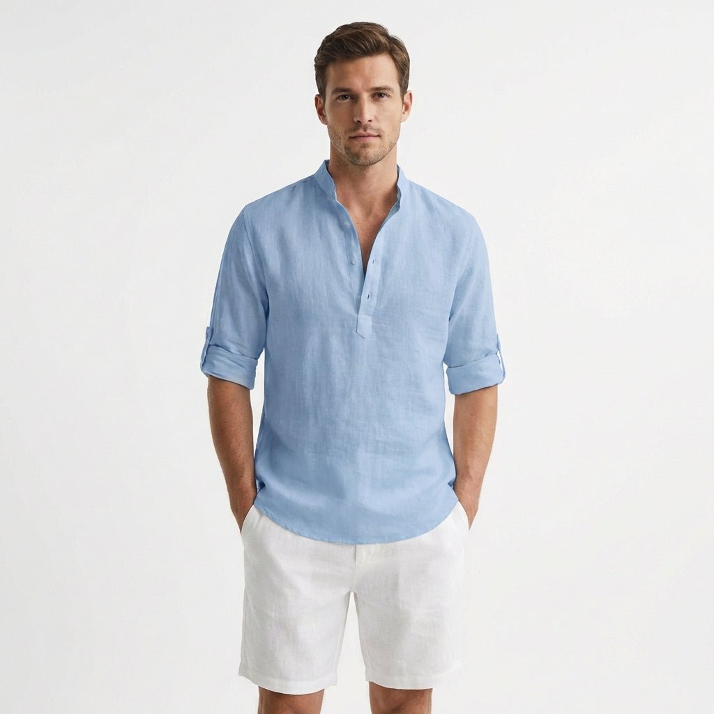 Men's Relaxed-Fit Linen Henley Band-Collar Shirt - Azul Claro