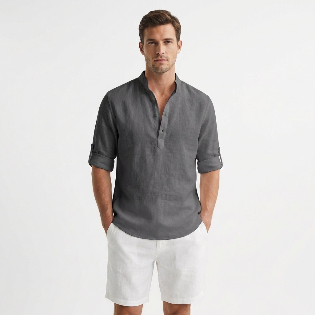 Men's Relaxed-Fit Linen Henley Band-Collar Shirt - Gris