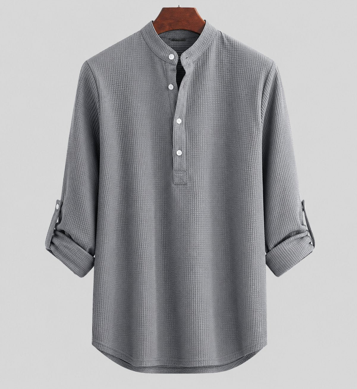 Men's Relaxed-Fit Waffle-Knit Henley Long-Sleeve Shirt - Schwarz