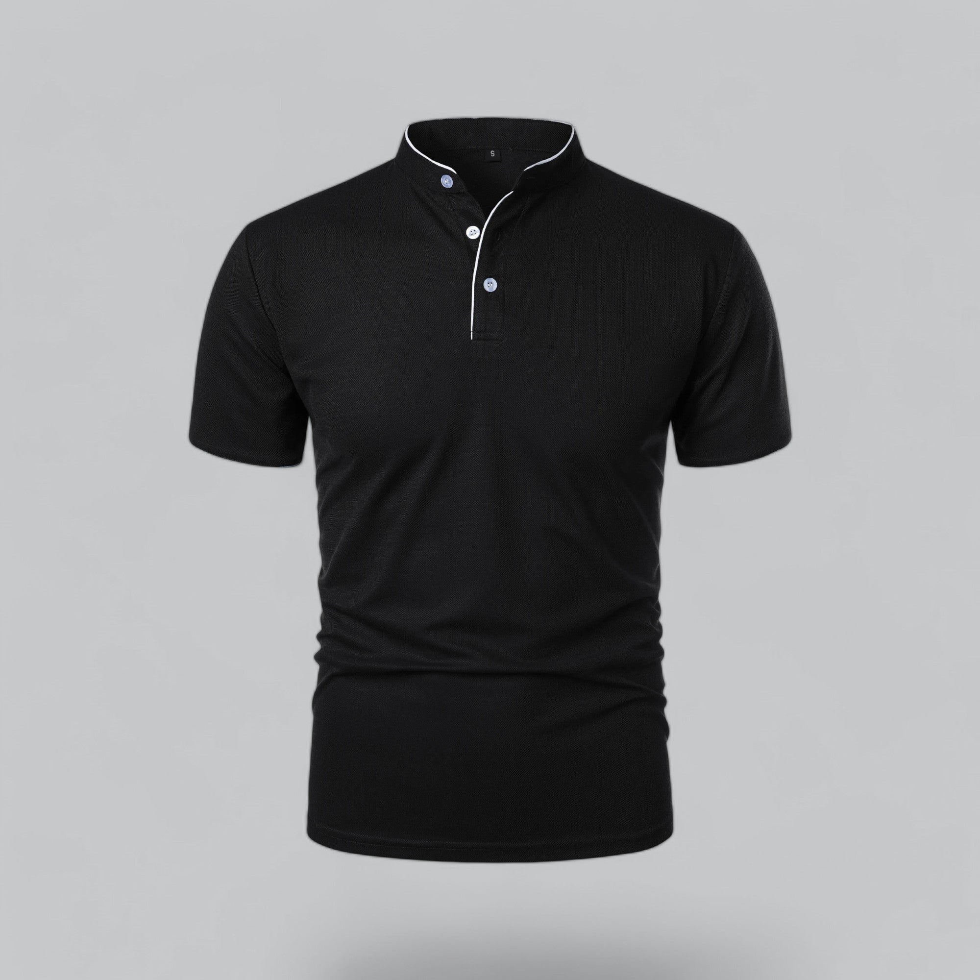 Men's Short-Sleeve Cotton Mandarin Collar Three-Button Polo Shirt - Black
