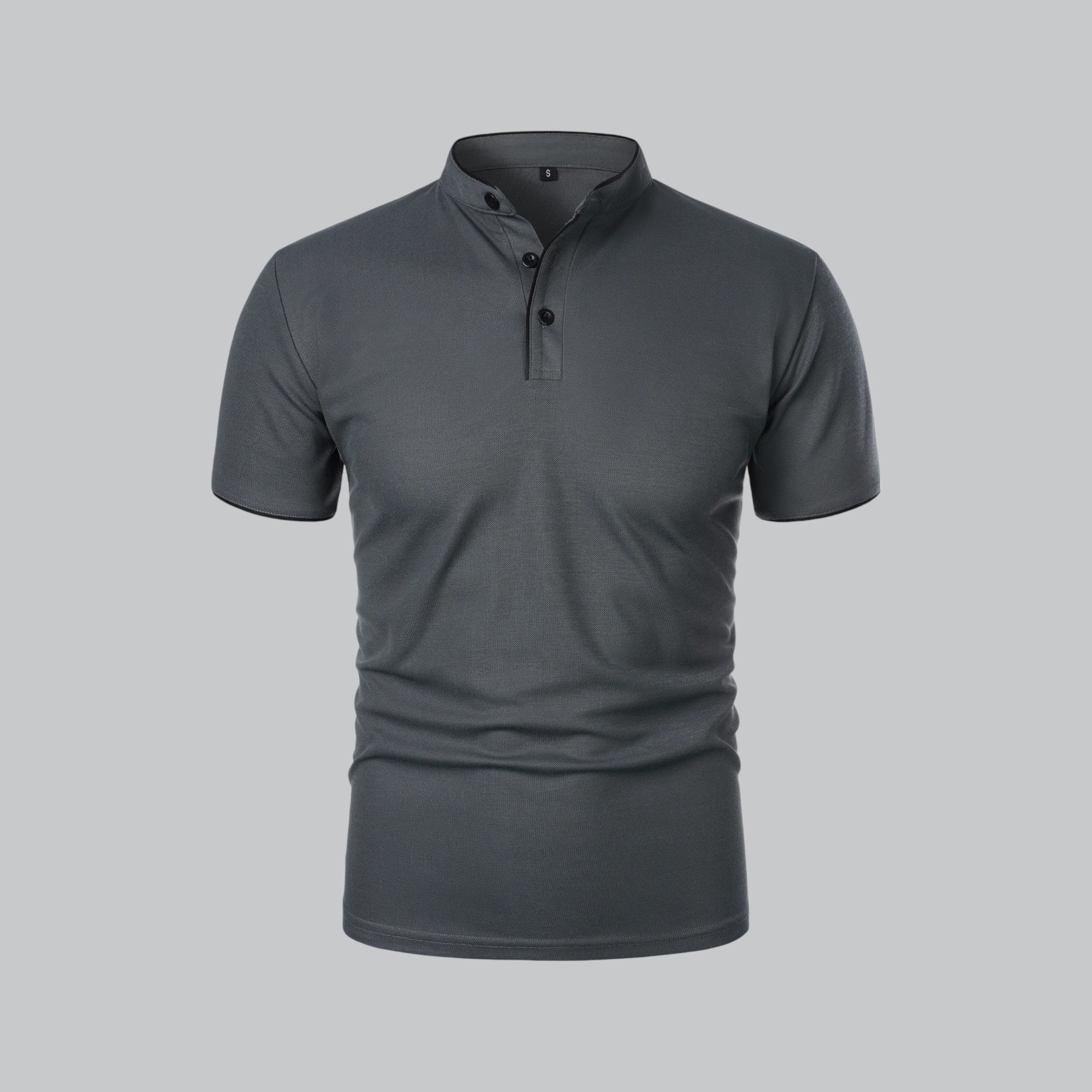 Men's Short-Sleeve Cotton Mandarin Collar Three-Button Polo Shirt - Dark Grey
