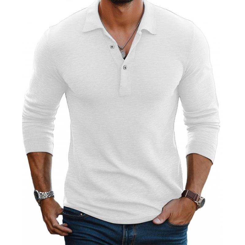 Men's Slim Fit Satin-Smooth Long Sleeve Button Placket Polo Shirt - White