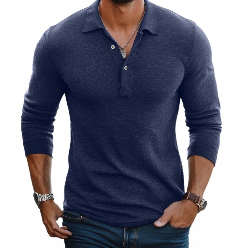 Men's Slim Fit Satin-Smooth Long Sleeve Button Placket Polo Shirt - Navy Blue