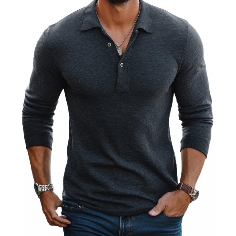 Men's Slim Fit Satin-Smooth Long Sleeve Button Placket Polo Shirt - Charcoal