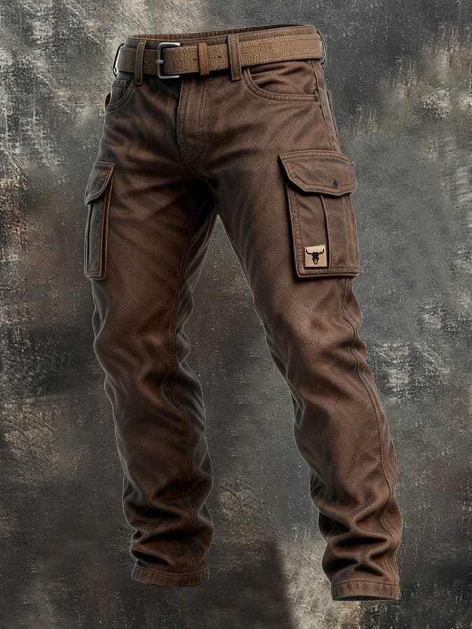 Men's Slim Tapered-Fit Cargo Pants Flap-Pocket Bull-Patch - Braun