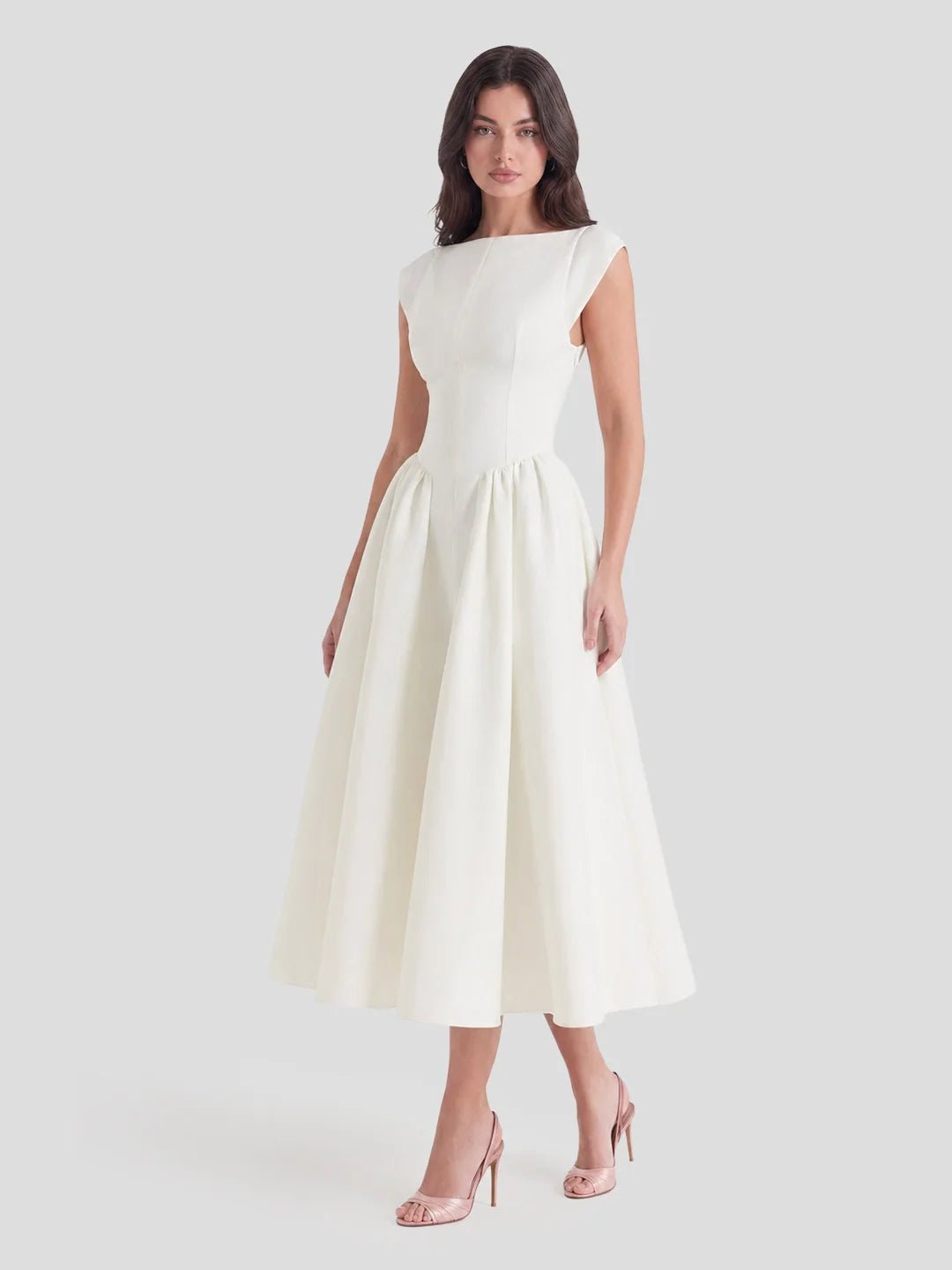 Women's 1950s-Inspired Bateau Neck Full Skirt Satin Midi Dress - Ivory