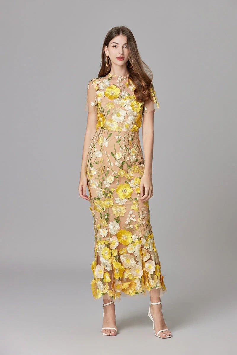 Women's 3D Floral Appliqué Sheer Mesh Sleeveless Column Maxi Dress