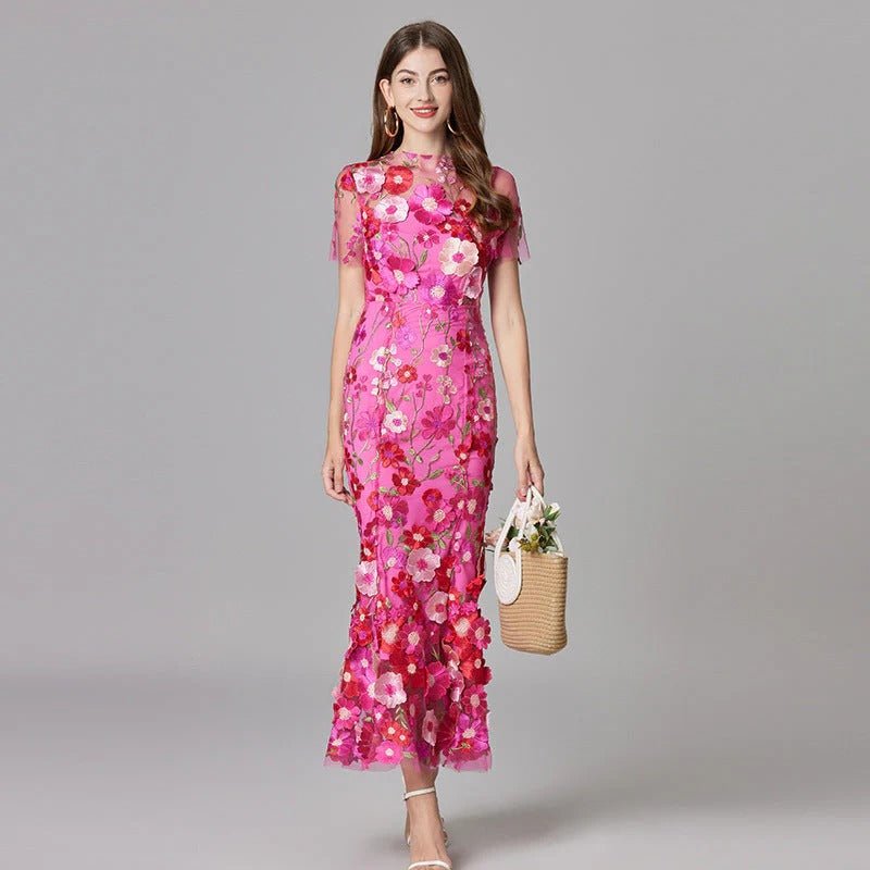 Women's 3D Floral Appliqué Sheer Mesh Sleeveless Column Maxi Dress - Dark Pink