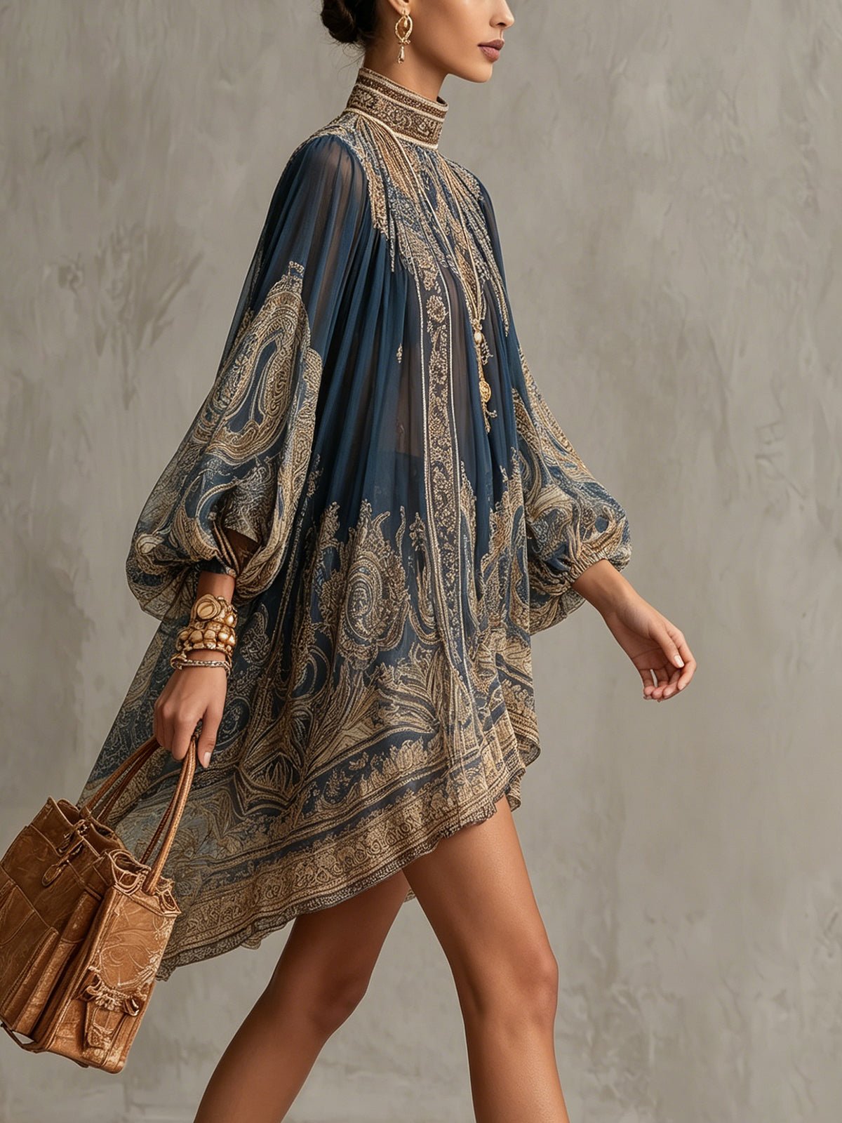 Women's Baroque Print Chiffon High-Neck Asymmetric Hem Mini Dress