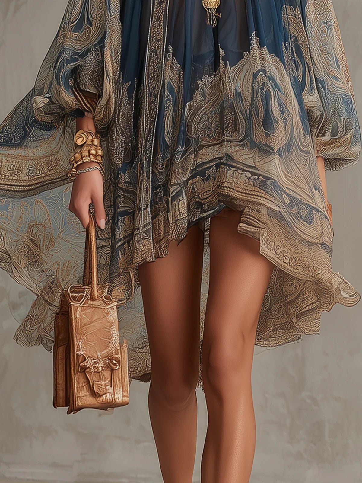 Women's Baroque Print Chiffon High-Neck Asymmetric Hem Mini Dress