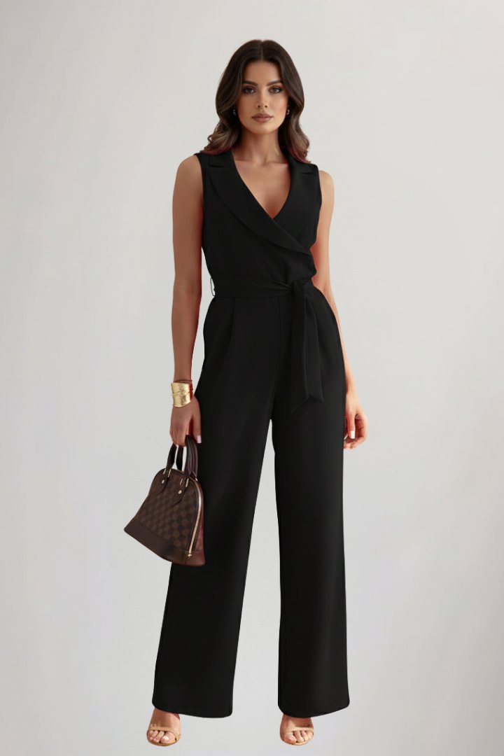 Women's Blazer-Collar Tie-Waist Wide-Leg Jumpsuit - Black