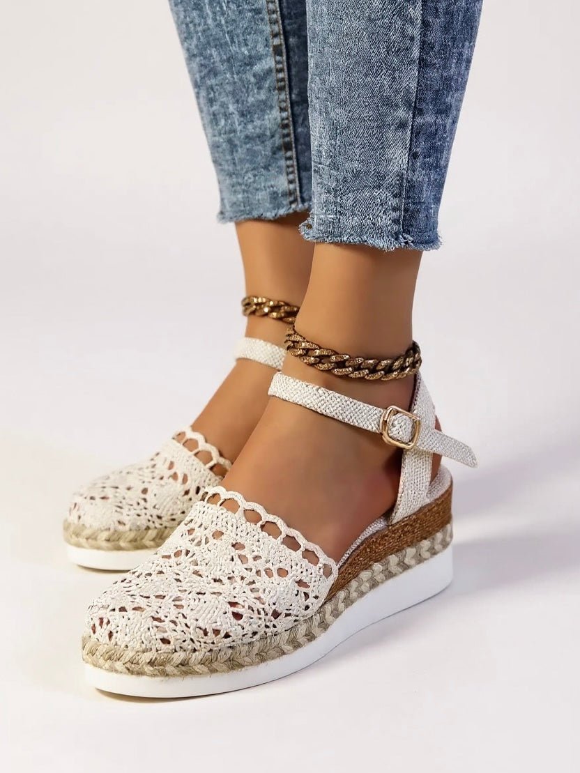 Women's Boho Crochet Espadrille Ankle-Strap Platform Sandals - Beige
