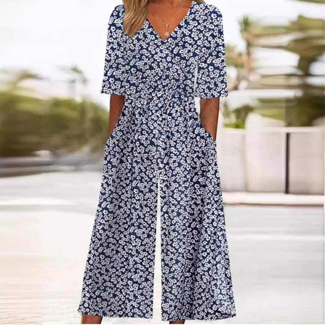 Women's Boho Floral Print V-Neck Wide-Leg Jumpsuit - White