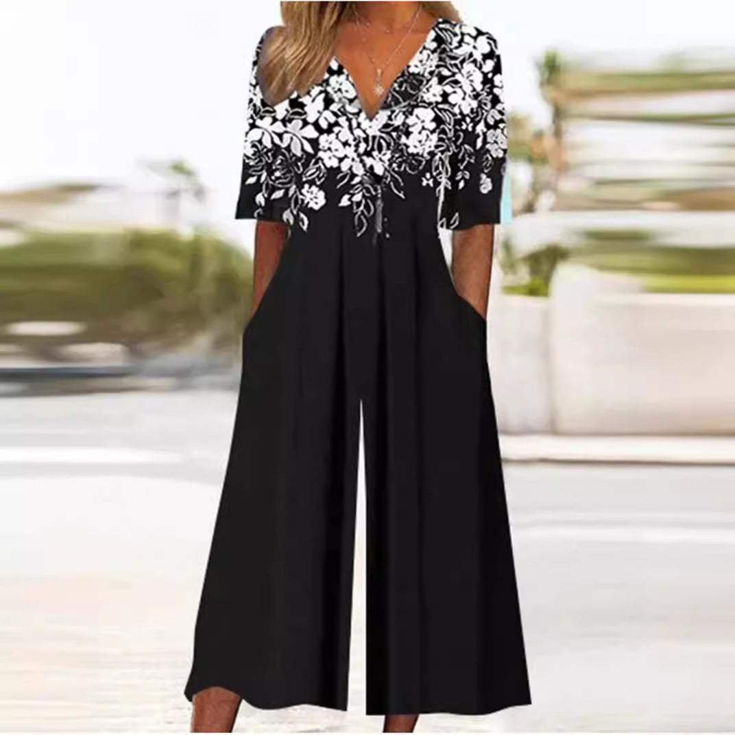 Women's Boho Floral Print V-Neck Wide-Leg Jumpsuit