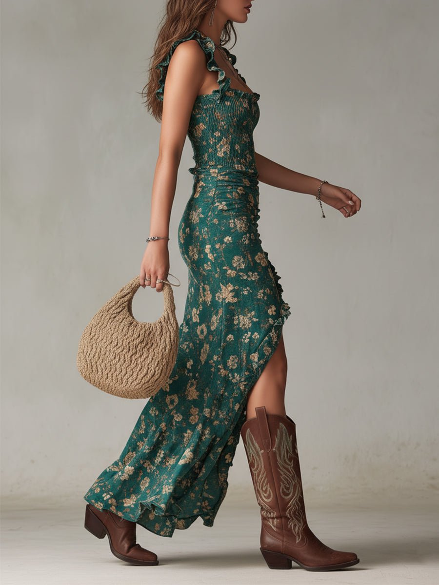 Women's Boho Floral Smocked Sleeveless Maxi Dress Side Slit