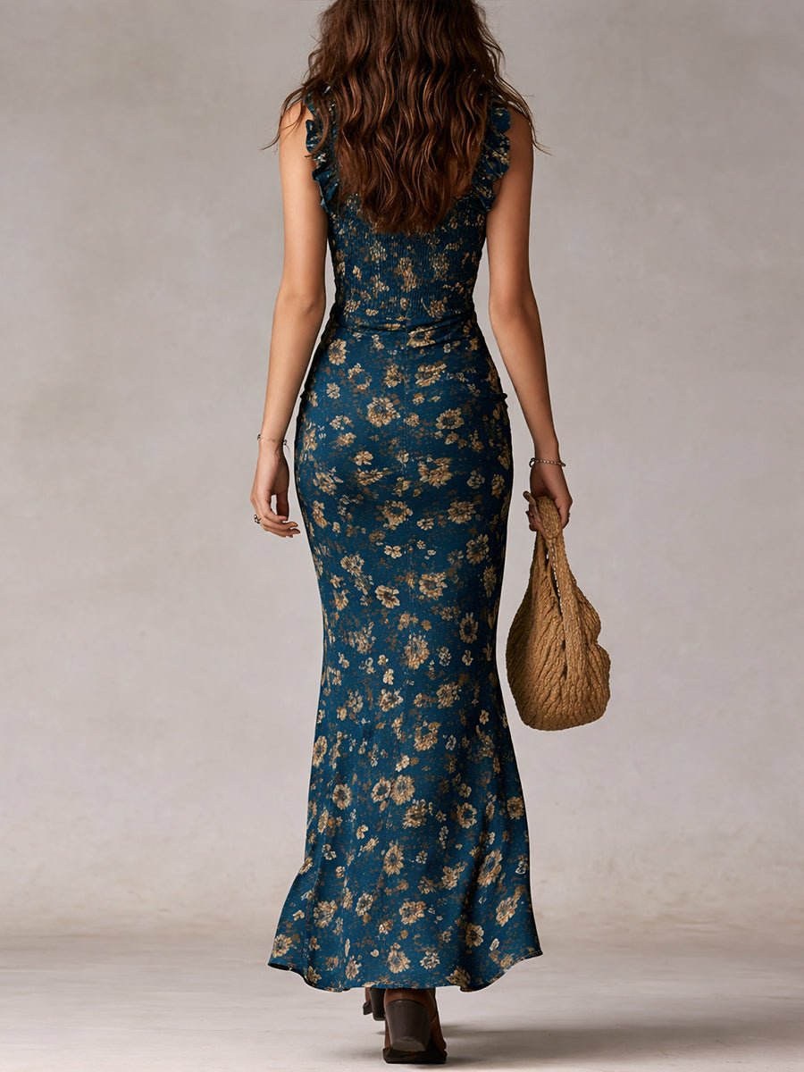 Women's Boho Floral Smocked Sleeveless Maxi Dress Side Slit