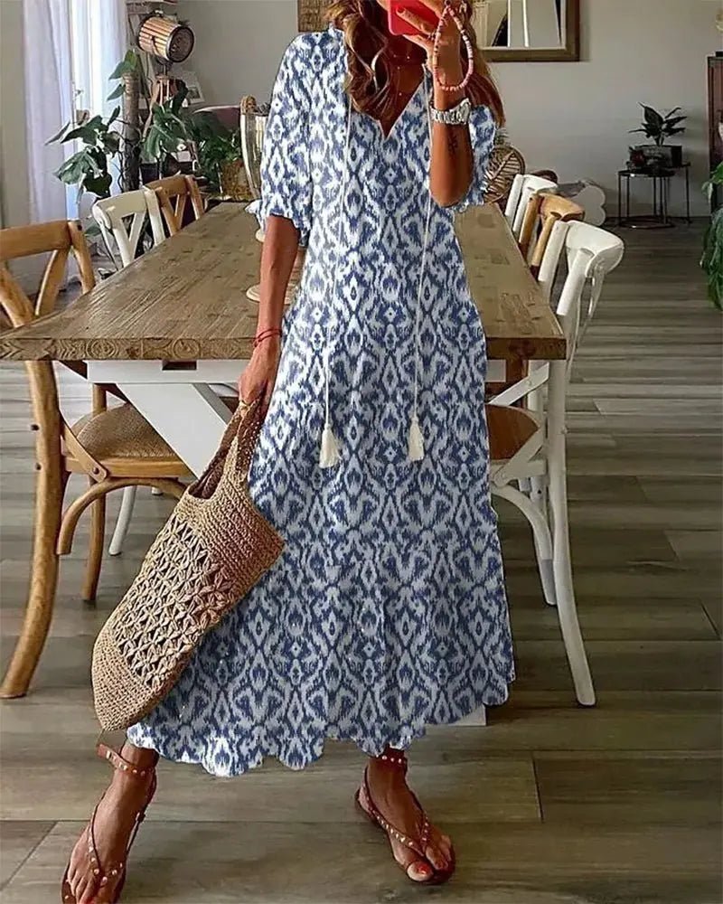 Women's Boho Geometric-Print V-Neck Maxi Dress - Blue