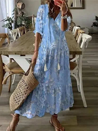 Women's Boho Geometric-Print V-Neck Maxi Dress - Light Blue