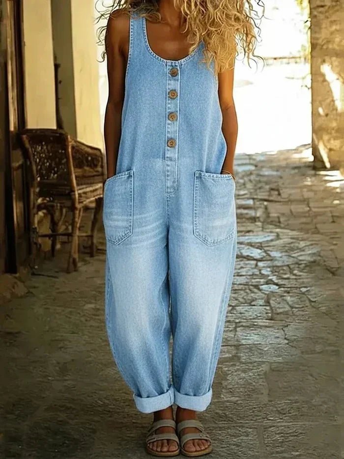 Women's Boho Loose-Fit Sleeveless Denim Jumpsuit Overalls - Light Blue