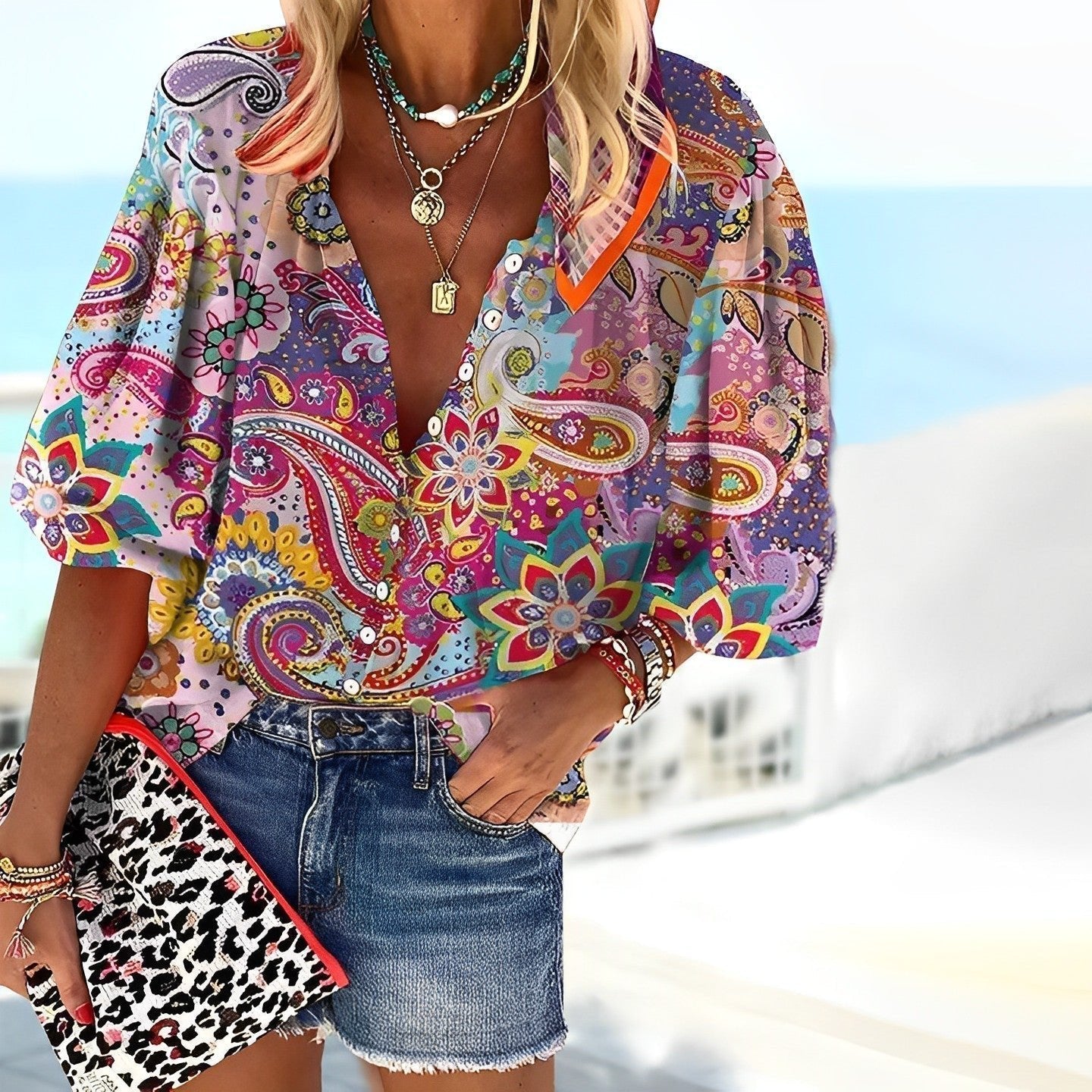 Women's Boho Paisley Floral V-Neck 3/4 Sleeve Button-Down Blouse - Multicolor