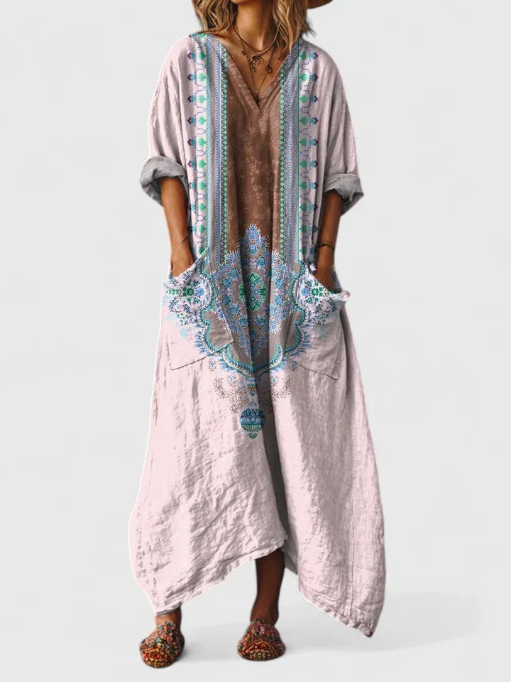 Women's Boho Paisley Print Oversized Cotton Maxi Dress - Light Pink