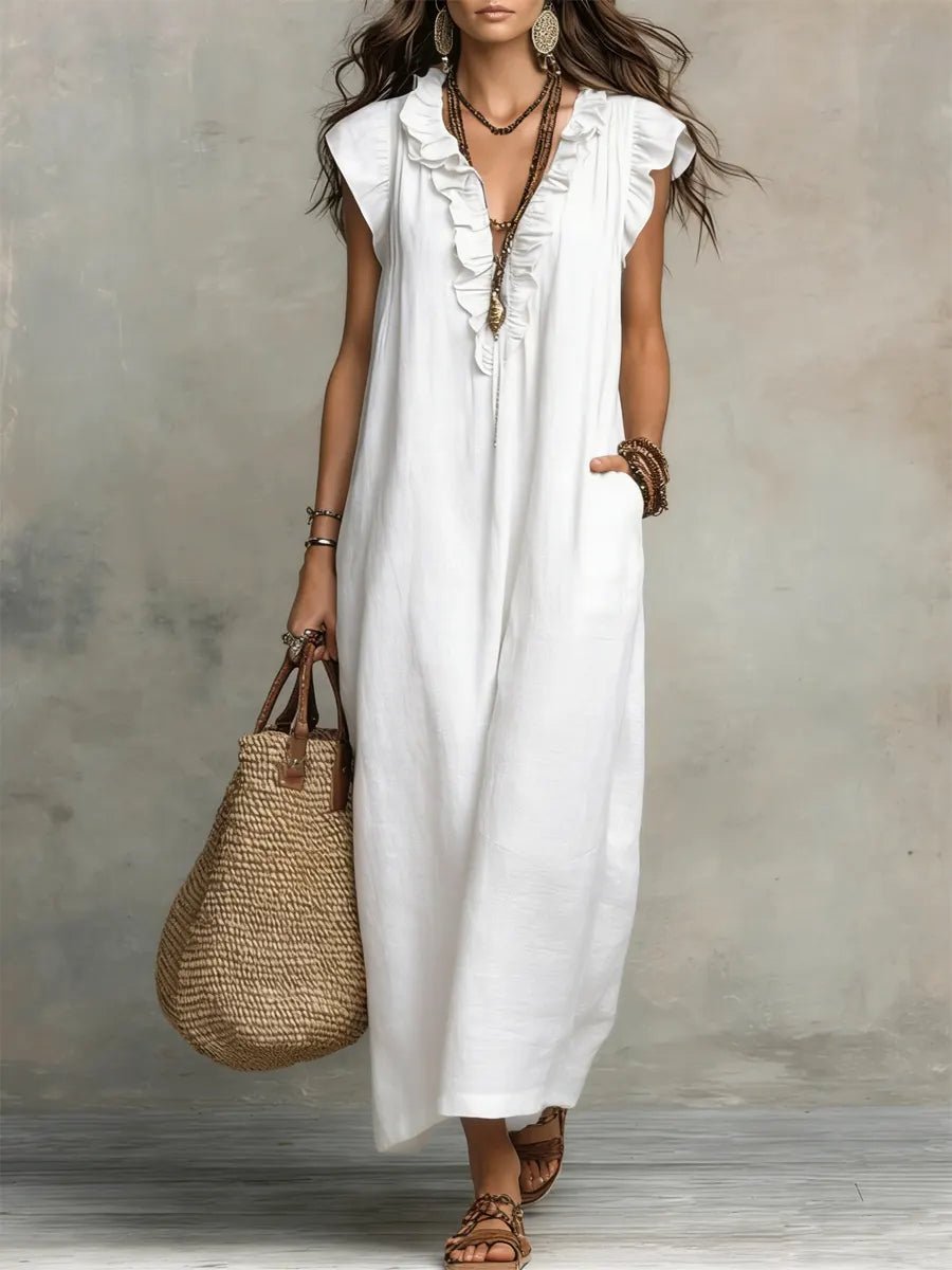 Women's Boho Ruffle V-Neck Flutter Sleeve Linen Maxi Dress - White