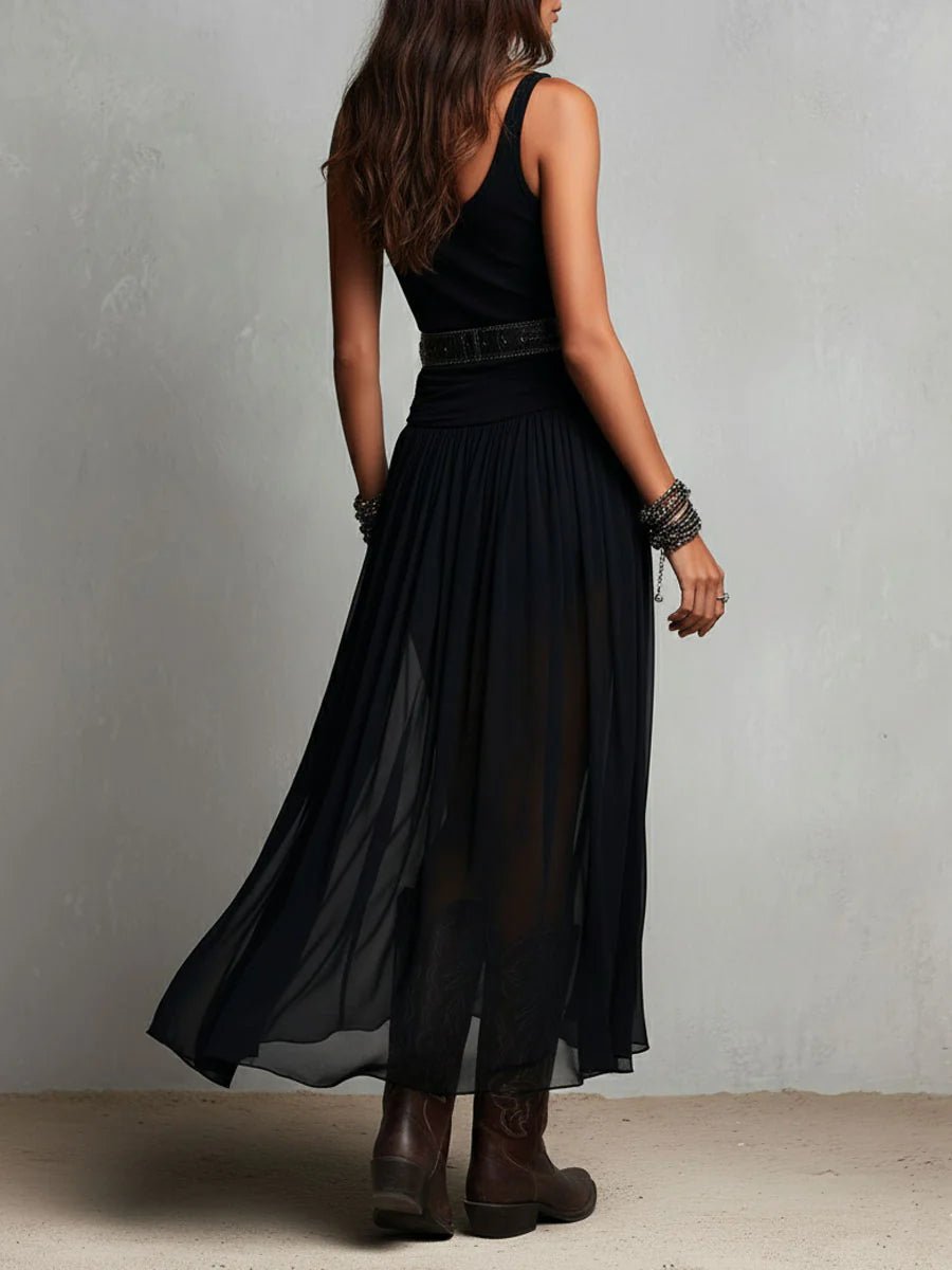 Women's Boho Sleeveless V-Neck Sheer Tulle Belted Maxi Dress