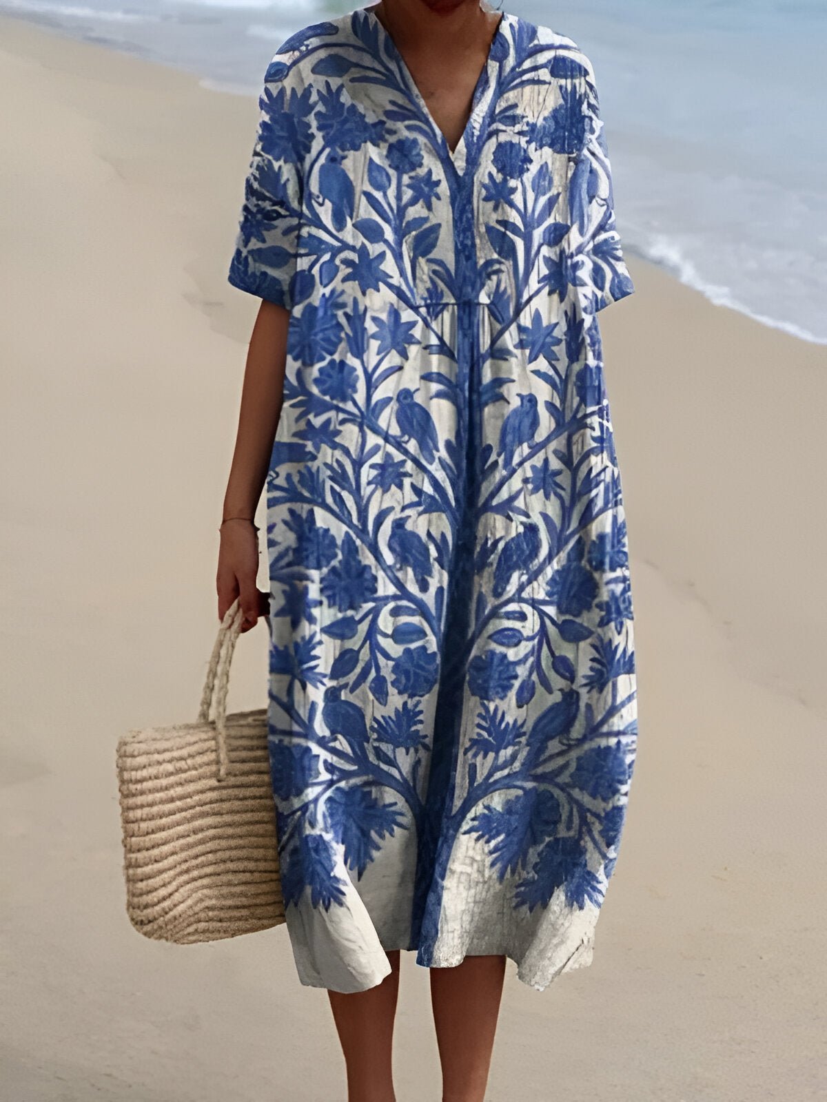Women's Boho Striped V-Neck Short-Sleeve Relaxed Midi Dress - Blue