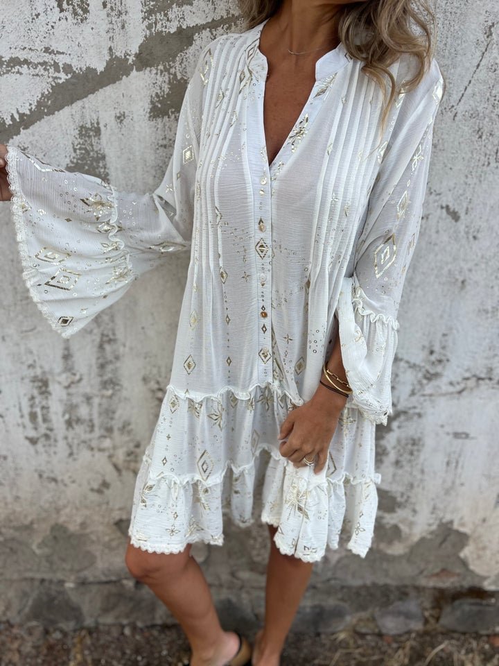 Women's Boho Tiered Mini Dress Flared Sleeves Gold Accents V-Neck - White