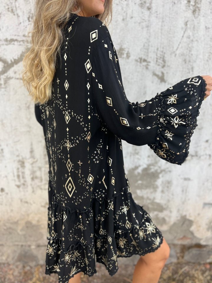 Women's Boho Tiered Mini Dress Flared Sleeves Gold Accents V-Neck