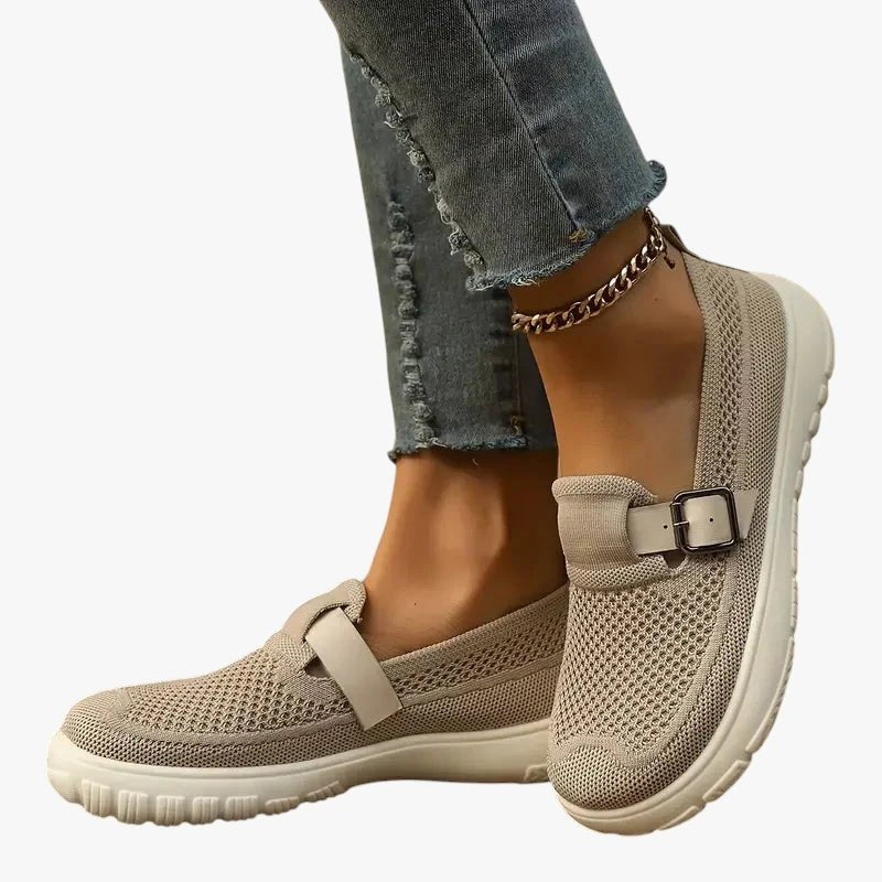 Women's Breathable Mesh Slip-On Sneakers Buckle Strap Arch Support - Beige