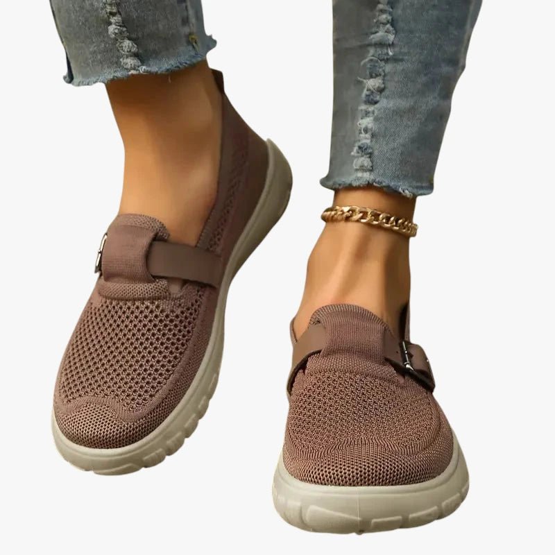 Women's Breathable Mesh Slip-On Sneakers Buckle Strap Arch Support - Brun