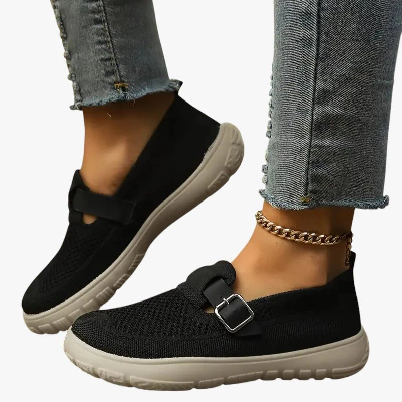 Women's Breathable Mesh Slip-On Sneakers Buckle Strap Arch Support - Sort