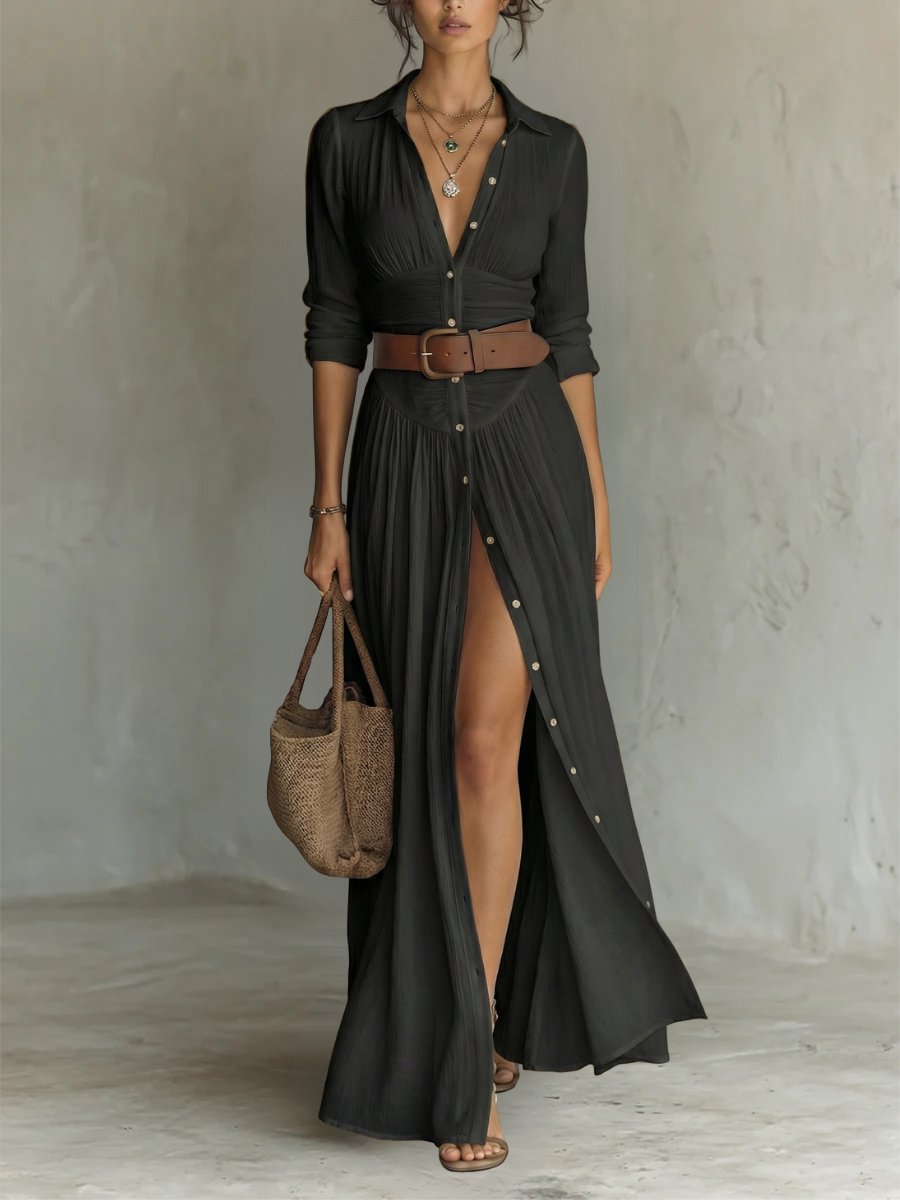 Women's Button-Front Belted Boho Collared Maxi Shirt Dress - Black