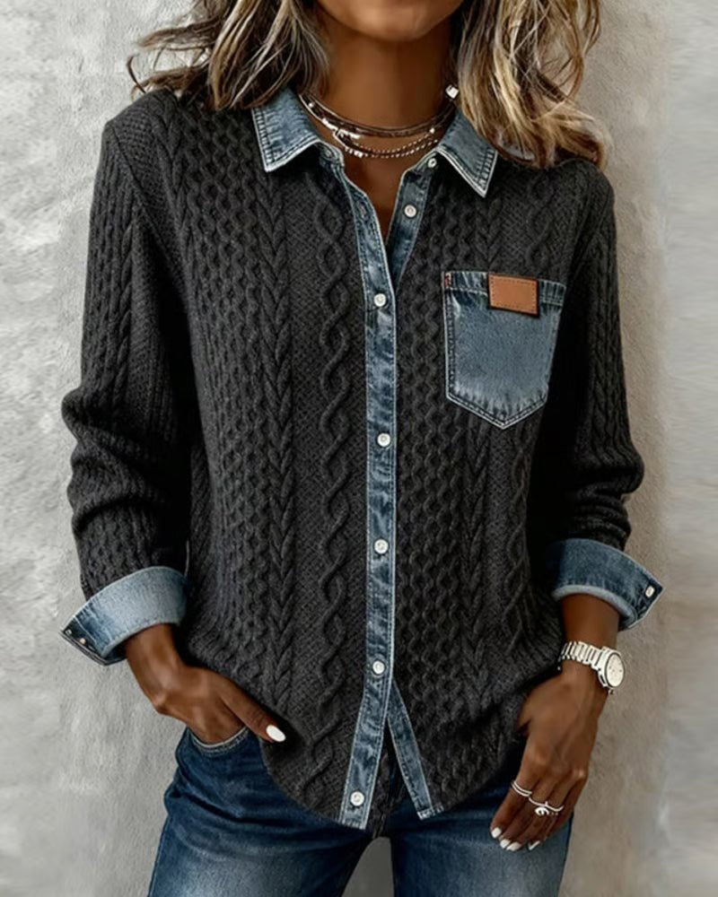 Women's Cable-Knit Denim-Patchwork Button-Up Long-Sleeve Shirt - Dark Gray