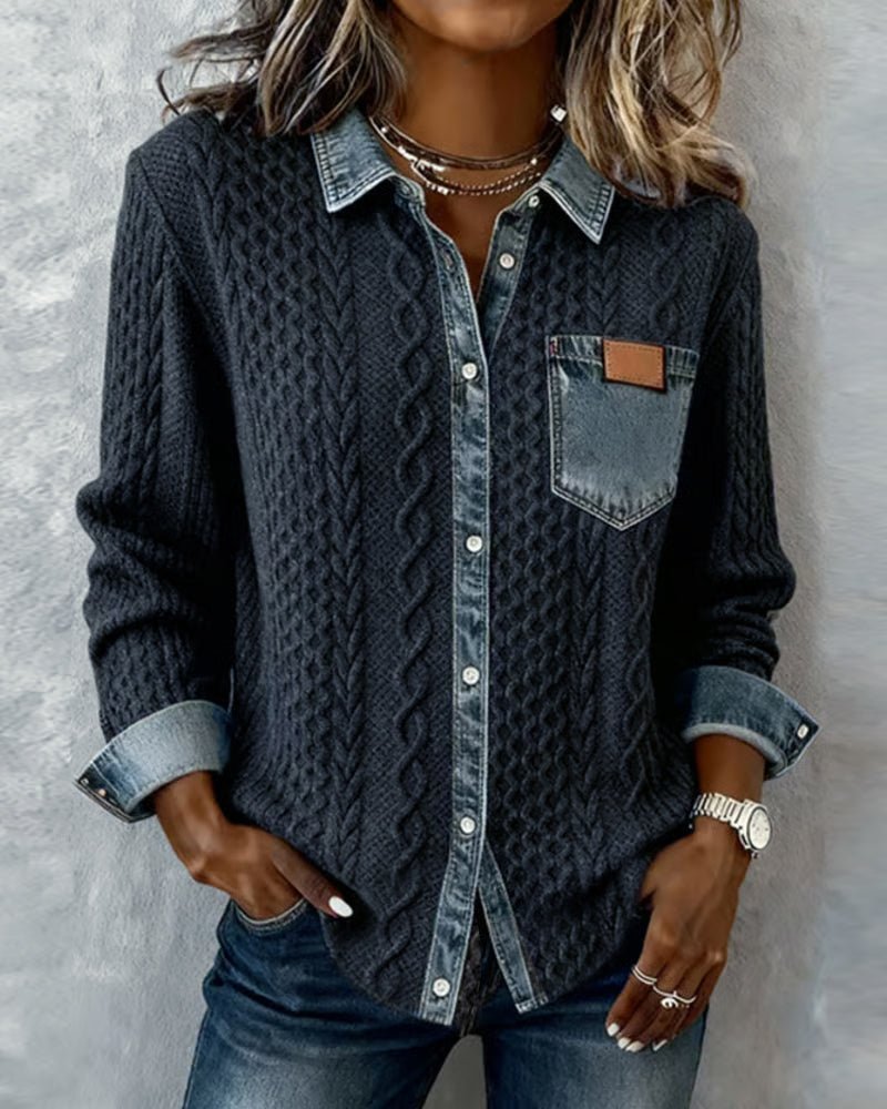 Women's Cable-Knit Denim-Patchwork Button-Up Long-Sleeve Shirt - Dark Blue