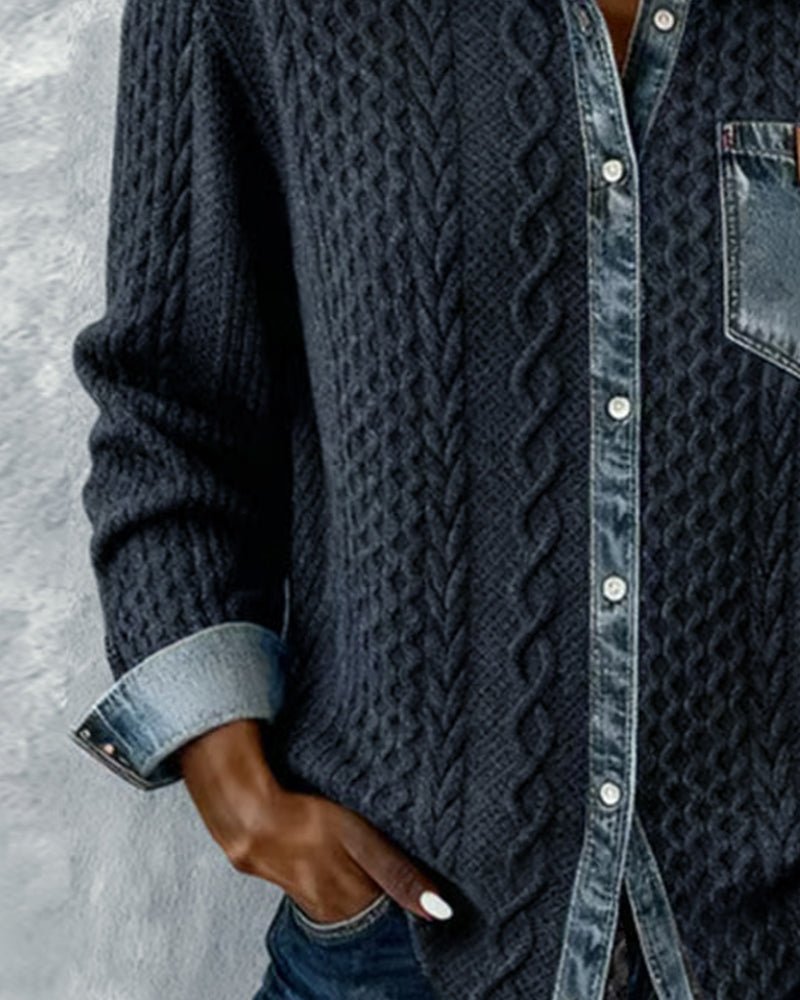 Women's Cable-Knit Denim-Patchwork Button-Up Long-Sleeve Shirt