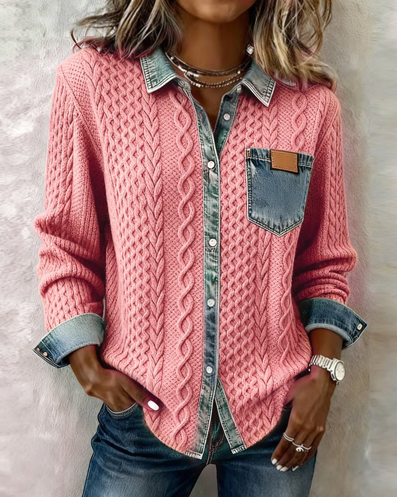 Women's Cable-Knit Denim-Patchwork Button-Up Long-Sleeve Shirt - Pink
