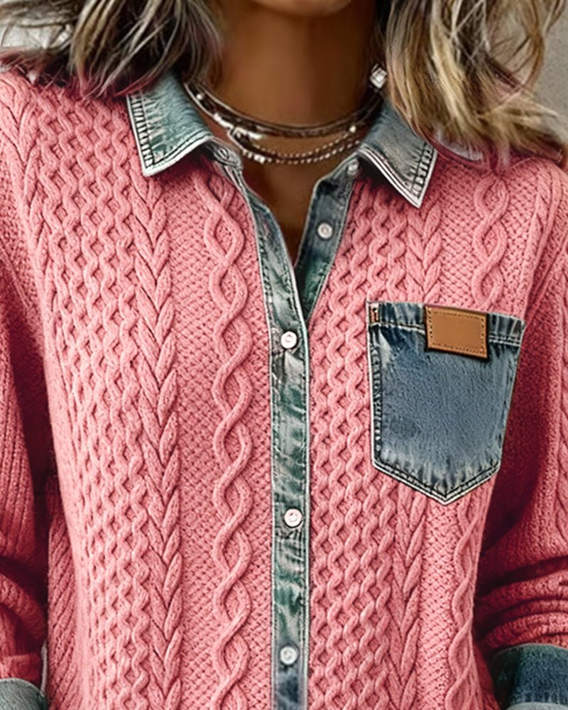 Women's Cable-Knit Denim-Patchwork Button-Up Long-Sleeve Shirt