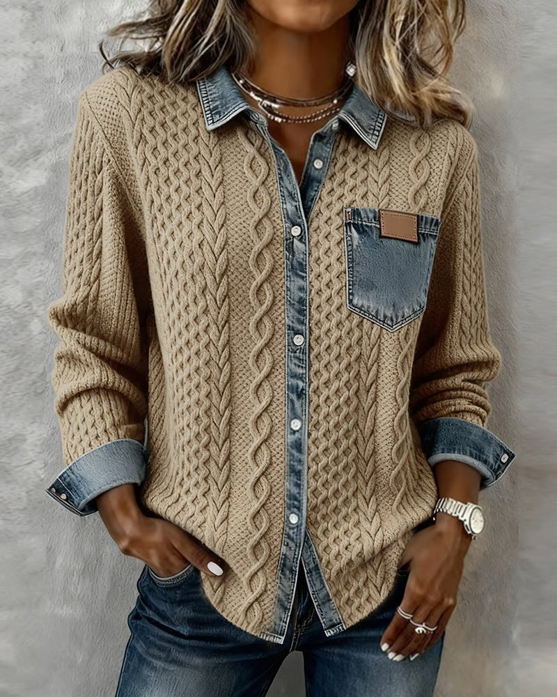 Women's Cable-Knit Denim-Patchwork Button-Up Long-Sleeve Shirt - Khaki